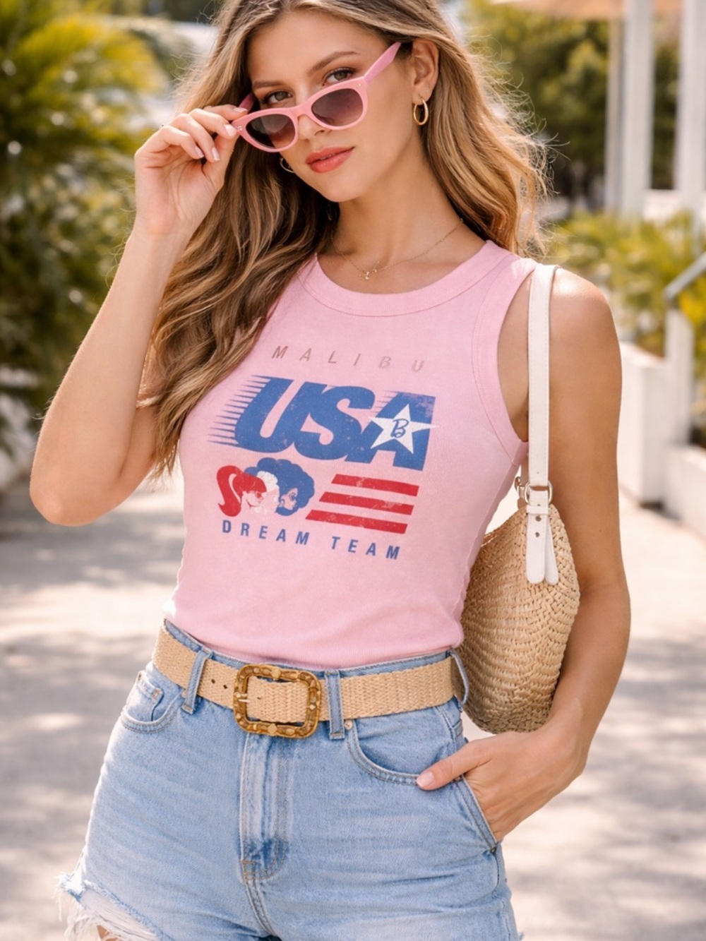 Malibu Barbie Pink Ribbed Tank Top | Graphic Summer Shirt | Size L | New